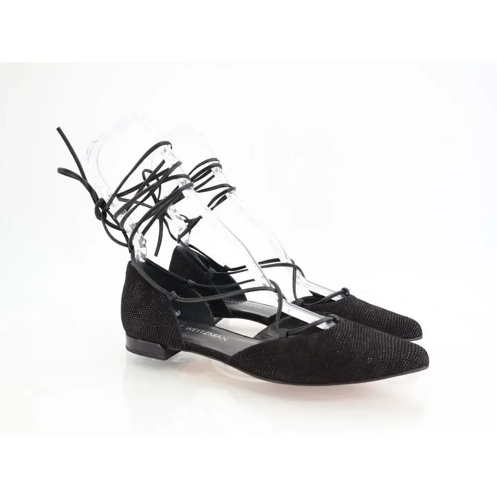 Stuart Weitzman Gilligan Ballet Flats Lace Up Pointed Toe Black Size 6 M Leather
